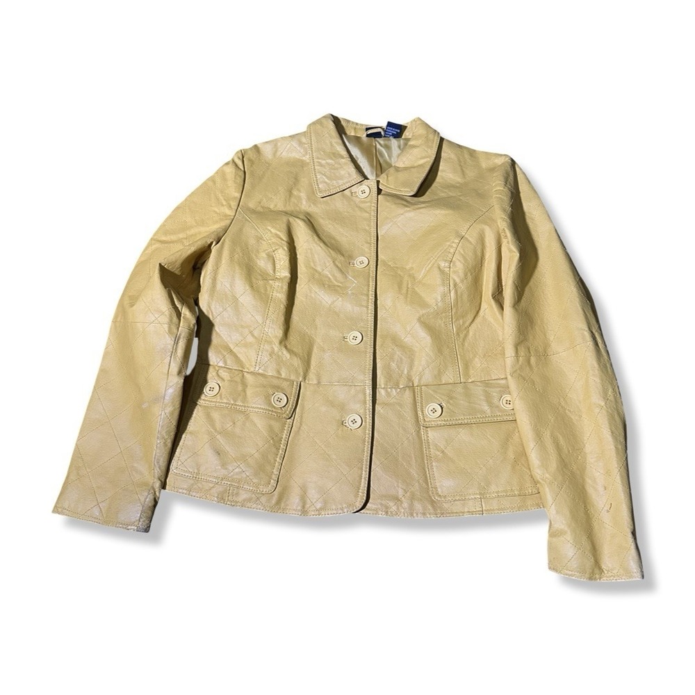 Genuine Leather Womens Mustard Yellow Quilted Button Up Jacket Pockets Sz 16 VTG